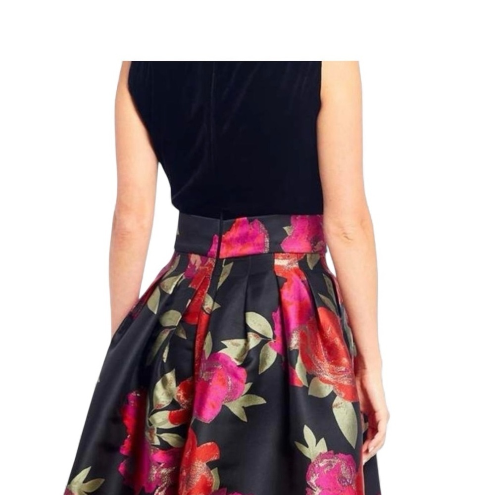 Alex Marie Allie Jacquard Fit & Flare A Line Skirt w Pockets Pink & Black Floral - Picture 2 of 6